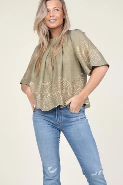 Top With Labyrinth Embroidery Kaat | Green... | Greek Archaic Kori | Little Soho