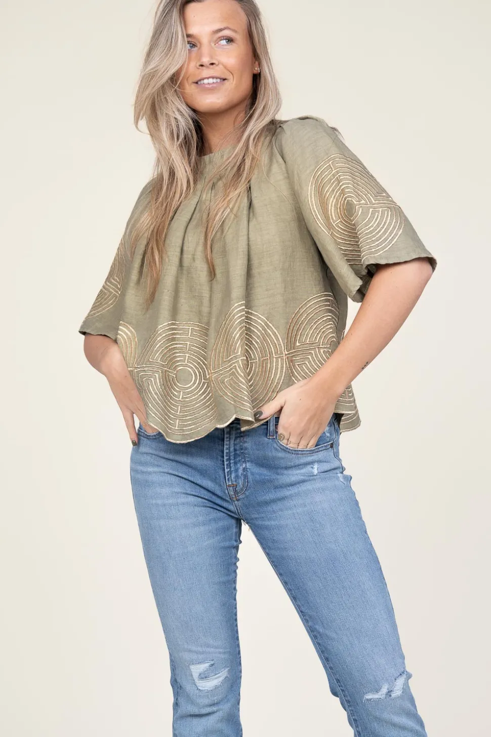 Top With Labyrinth Embroidery Kaat | Green... | Greek Archaic Kori | Little Soho