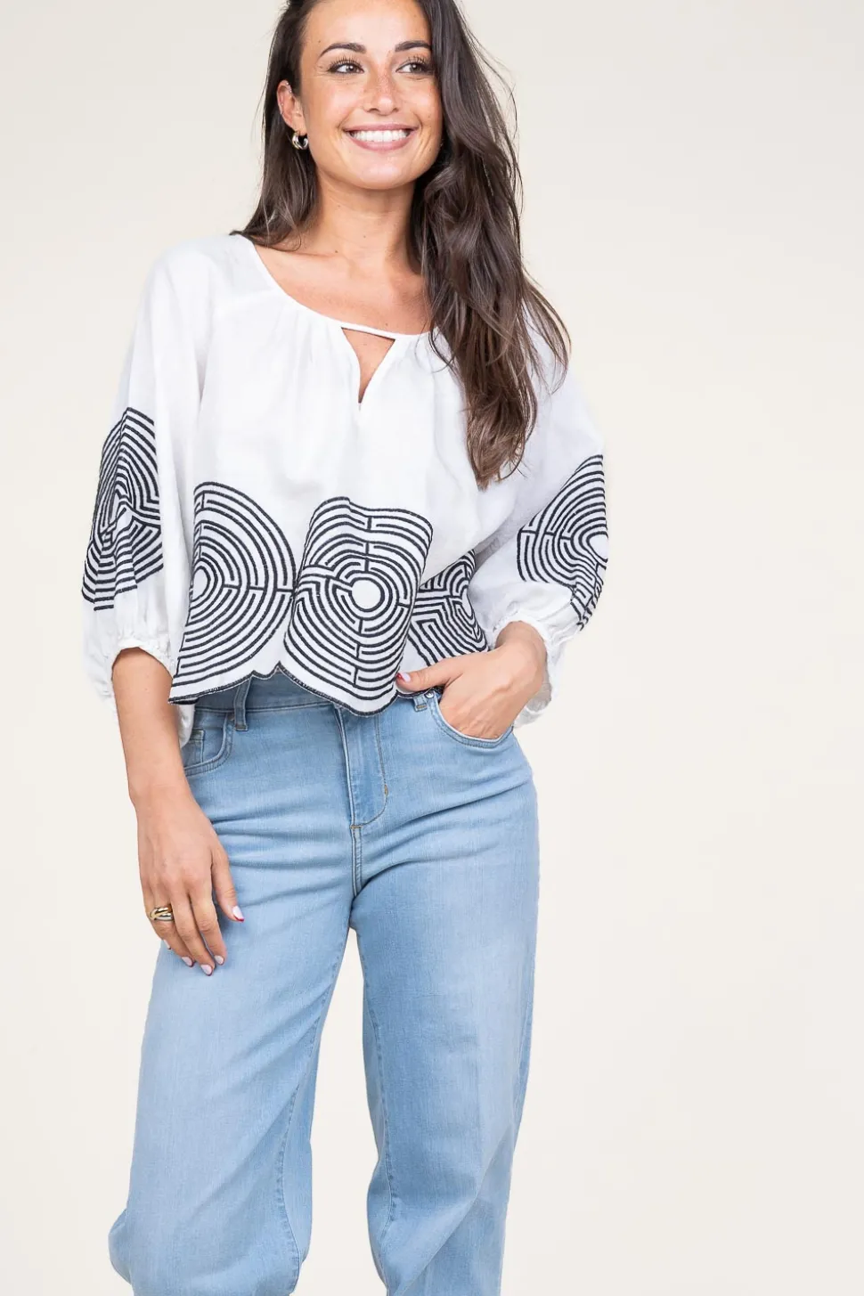 Top With Labyrinth Embroidery Nore | White... | Greek Archaic Kori | Little Soho