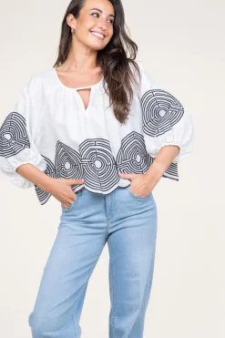 Top With Labyrinth Embroidery Nore | White... | Greek Archaic Kori | Little Soho