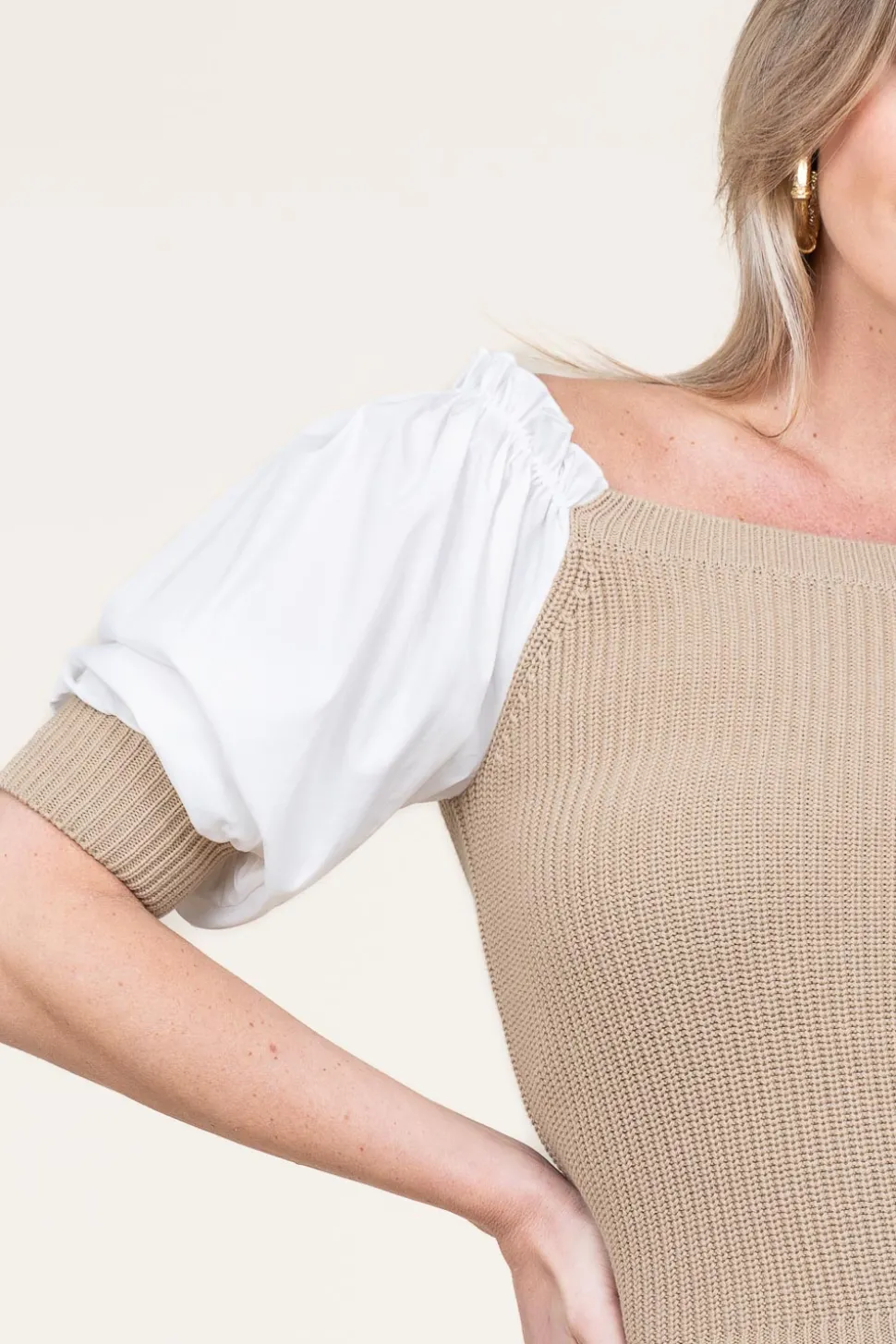 Tricot Top With Poplin Sleeves Erice | Beige... | Liu Jo | Little Soho