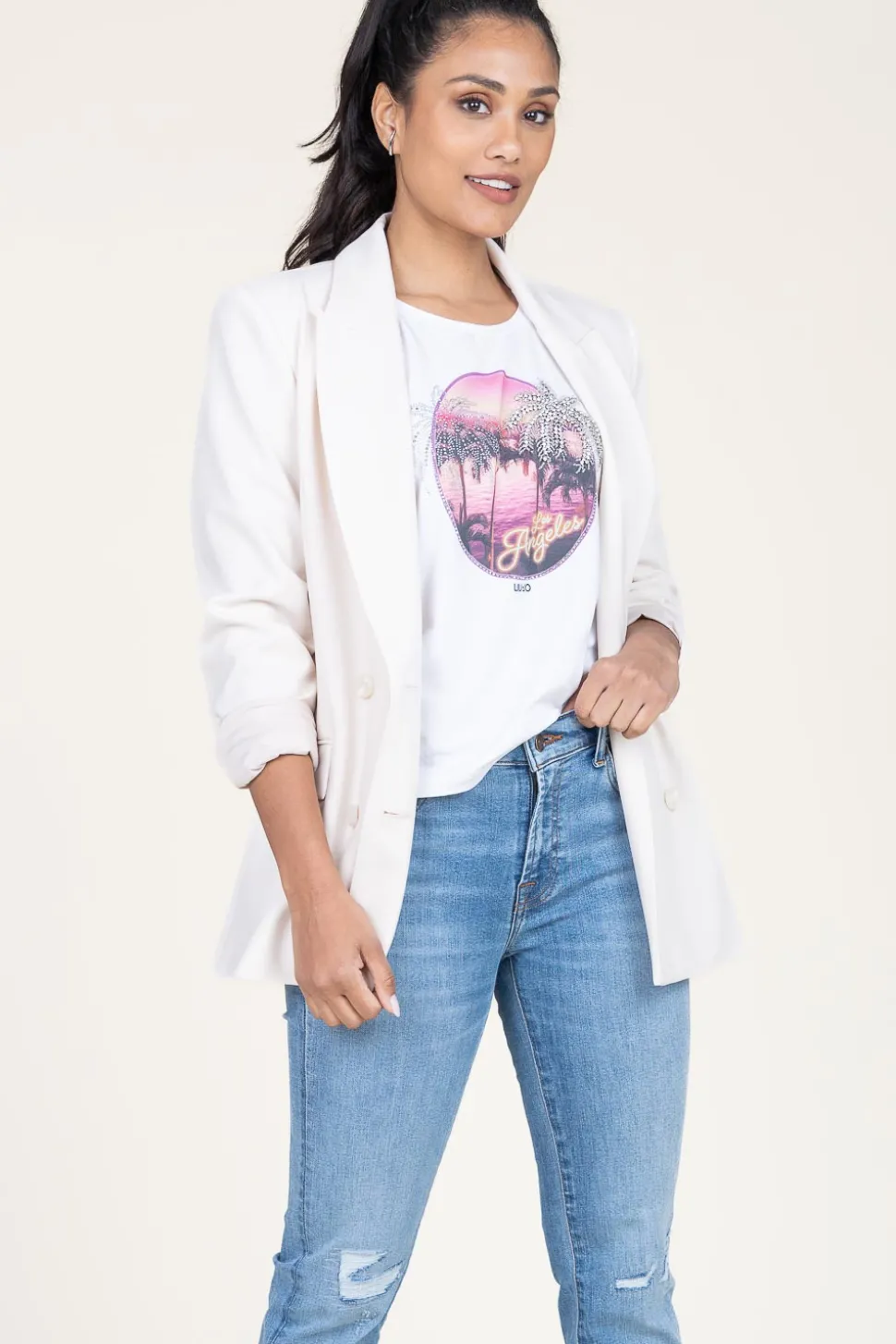 T-Shirt With Rhinestones Tangi | White... | Liu Jo | Little Soho