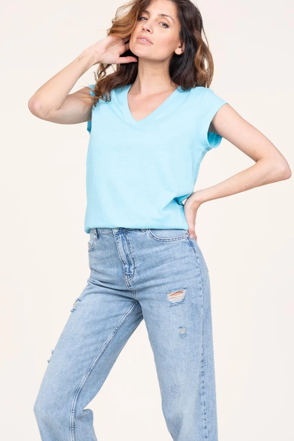 T-Shirt With V-Neck Vera | Blue... | Cc Heart | Little Soho