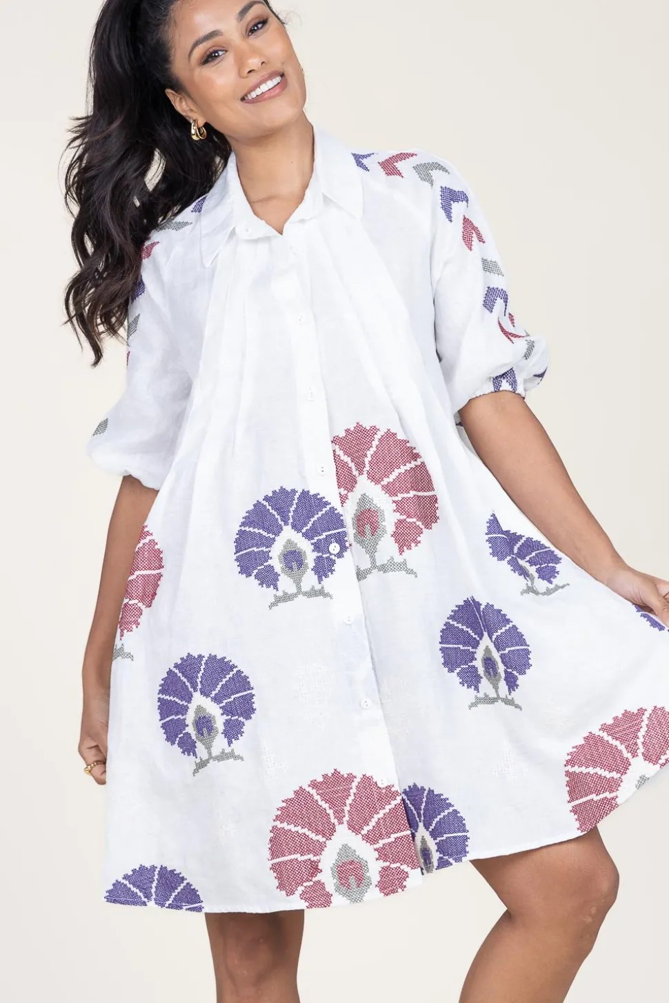 Tunic With Embroidery Peackock | Multi... | Greek Archaic Kori | Little Soho