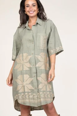 Tunic With Gold Colored Embroidery Livy | Green... | Greek Archaic Kori | Little Soho