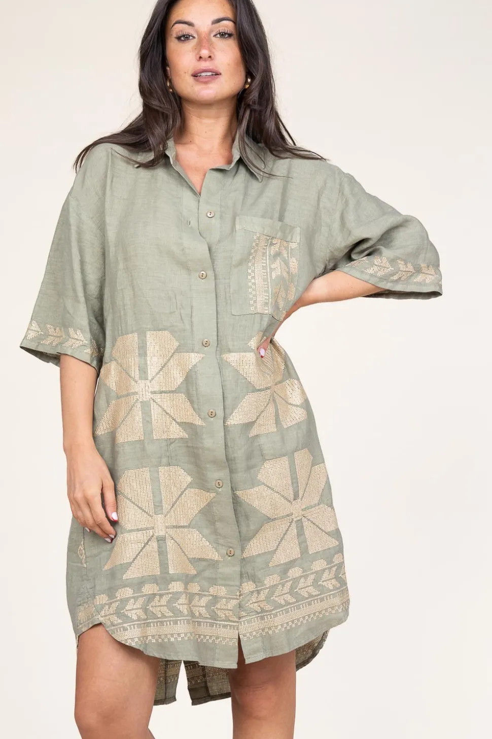 Tunic With Gold Colored Embroidery Livy | Green... | Greek Archaic Kori | Little Soho