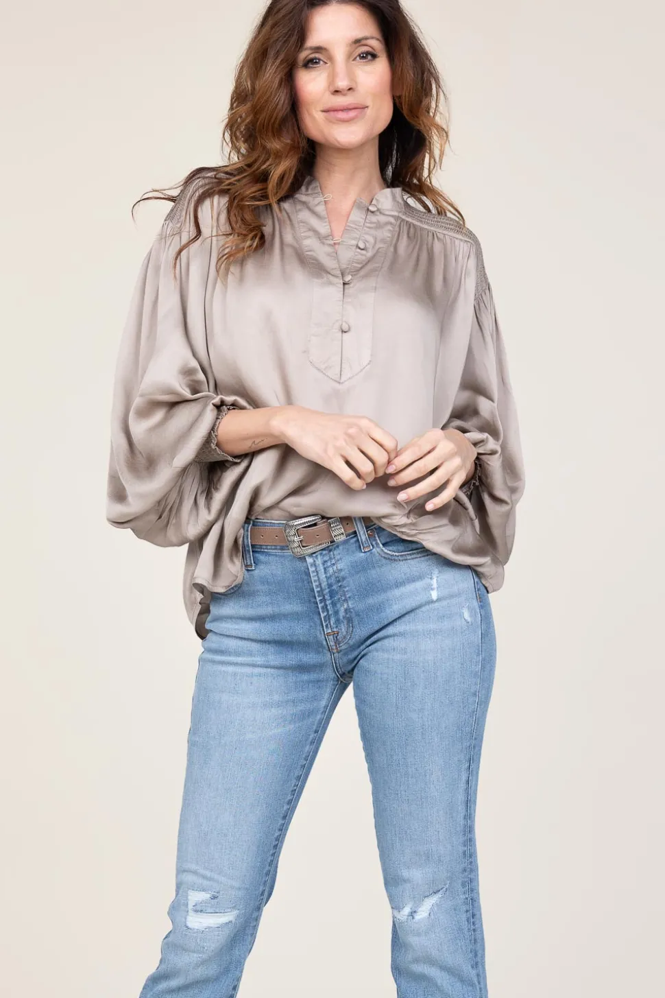 Viscose Top With Smocked Detail Tropa | Taupe... | Ibana | Little Soho