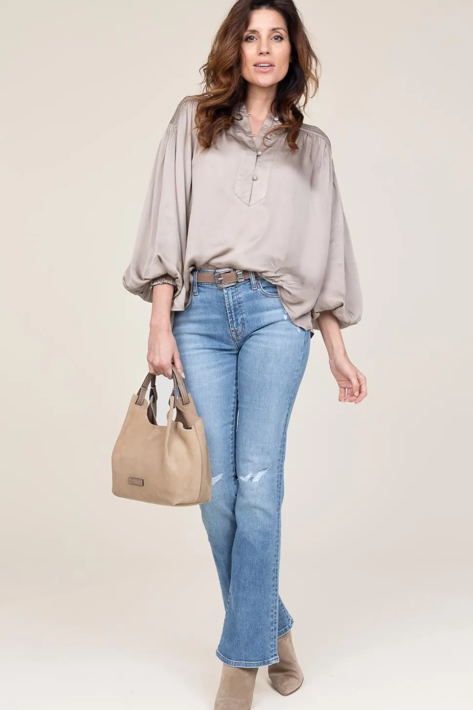 Viscose Top With Smocked Detail Tropa | Taupe... | Ibana | Little Soho